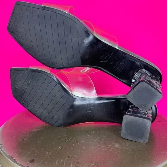 Zara Silver, Clear Crisscross Slip On Lucite Block Heel Sandal US 9 - Picture 5 of 7